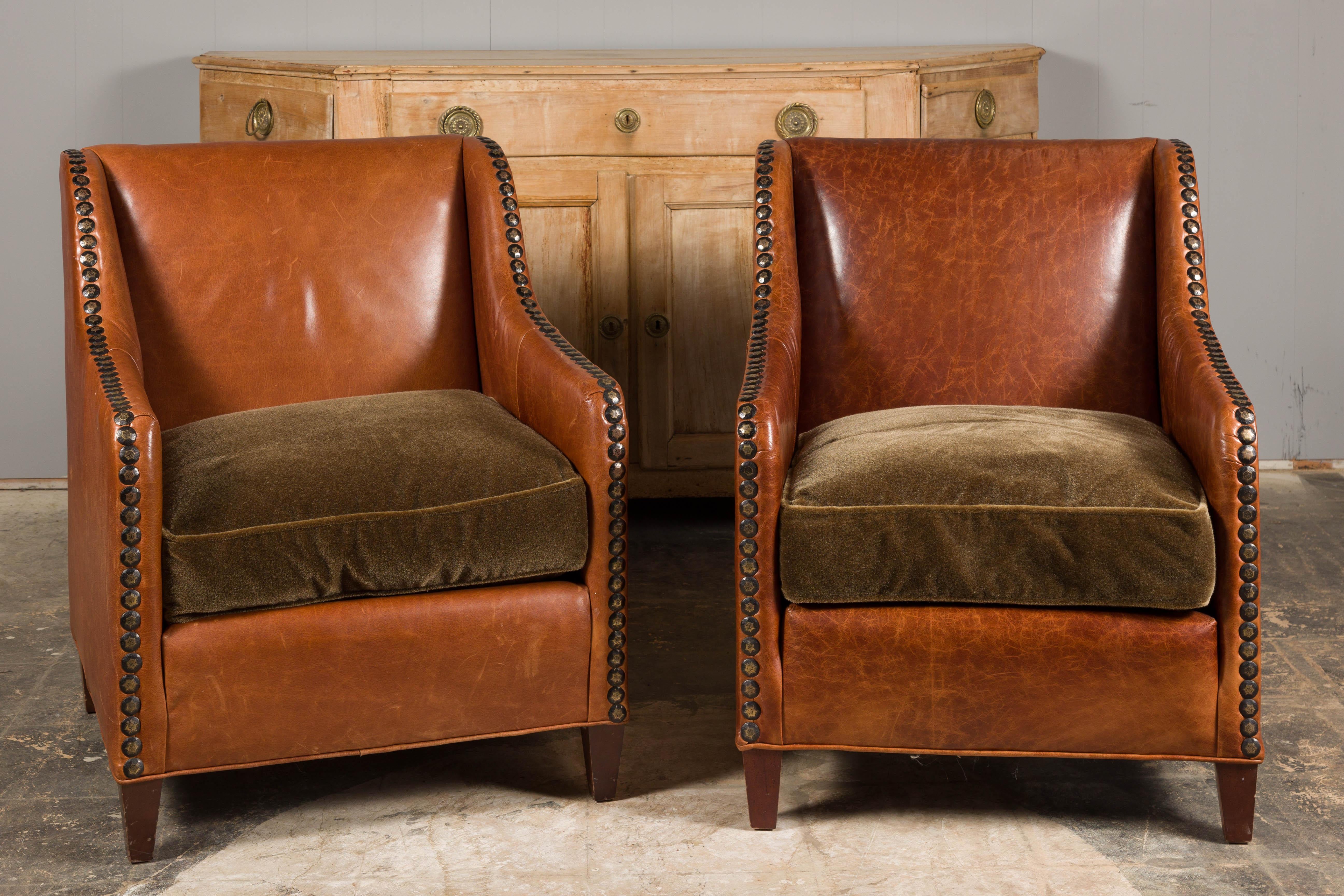 Mid-Century Modern Pair of Midcentury English Leather Club Chairs with Custom Cushion and Nailheads
