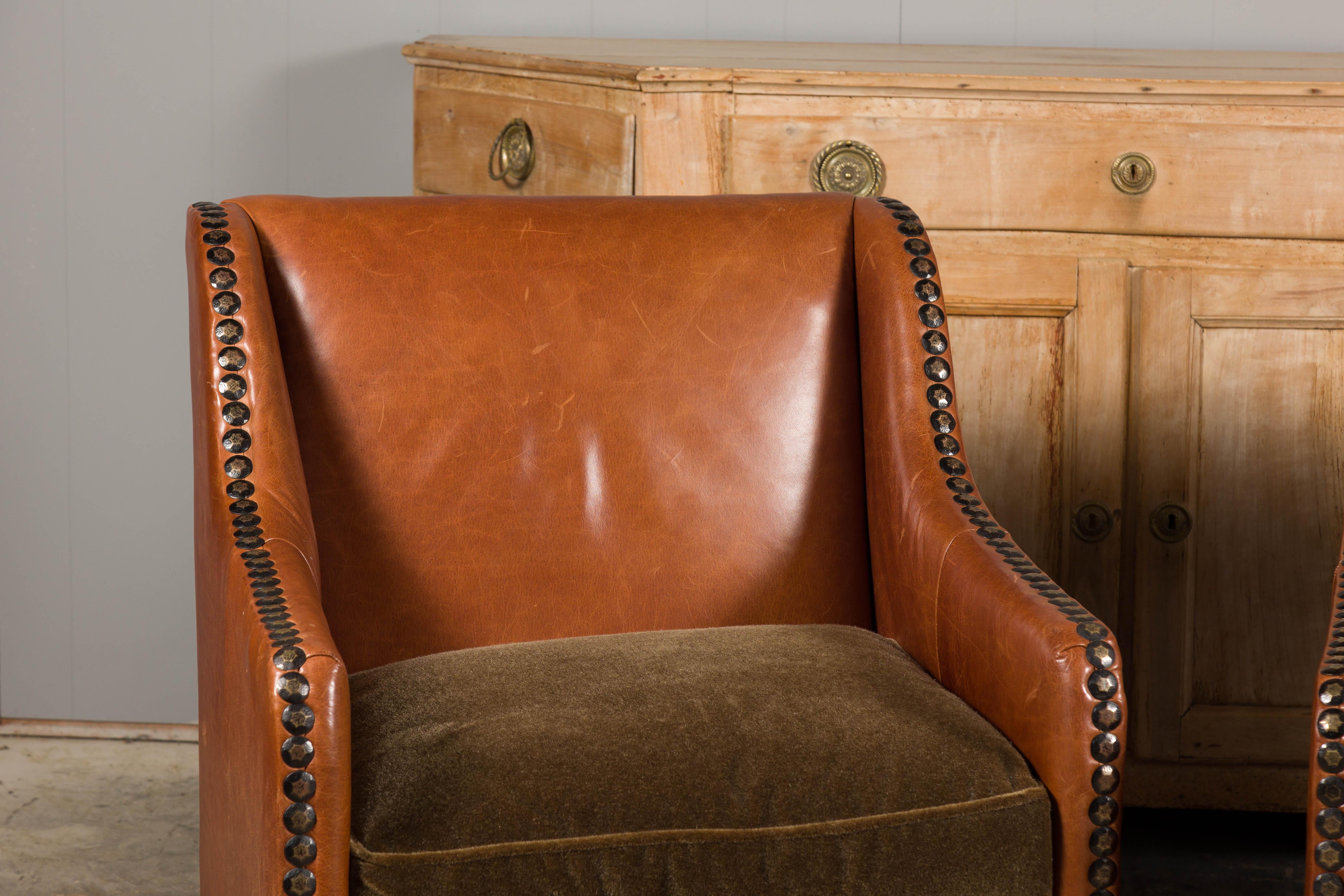 Pair of Midcentury English Leather Club Chairs with Custom Cushion and Nailheads 1