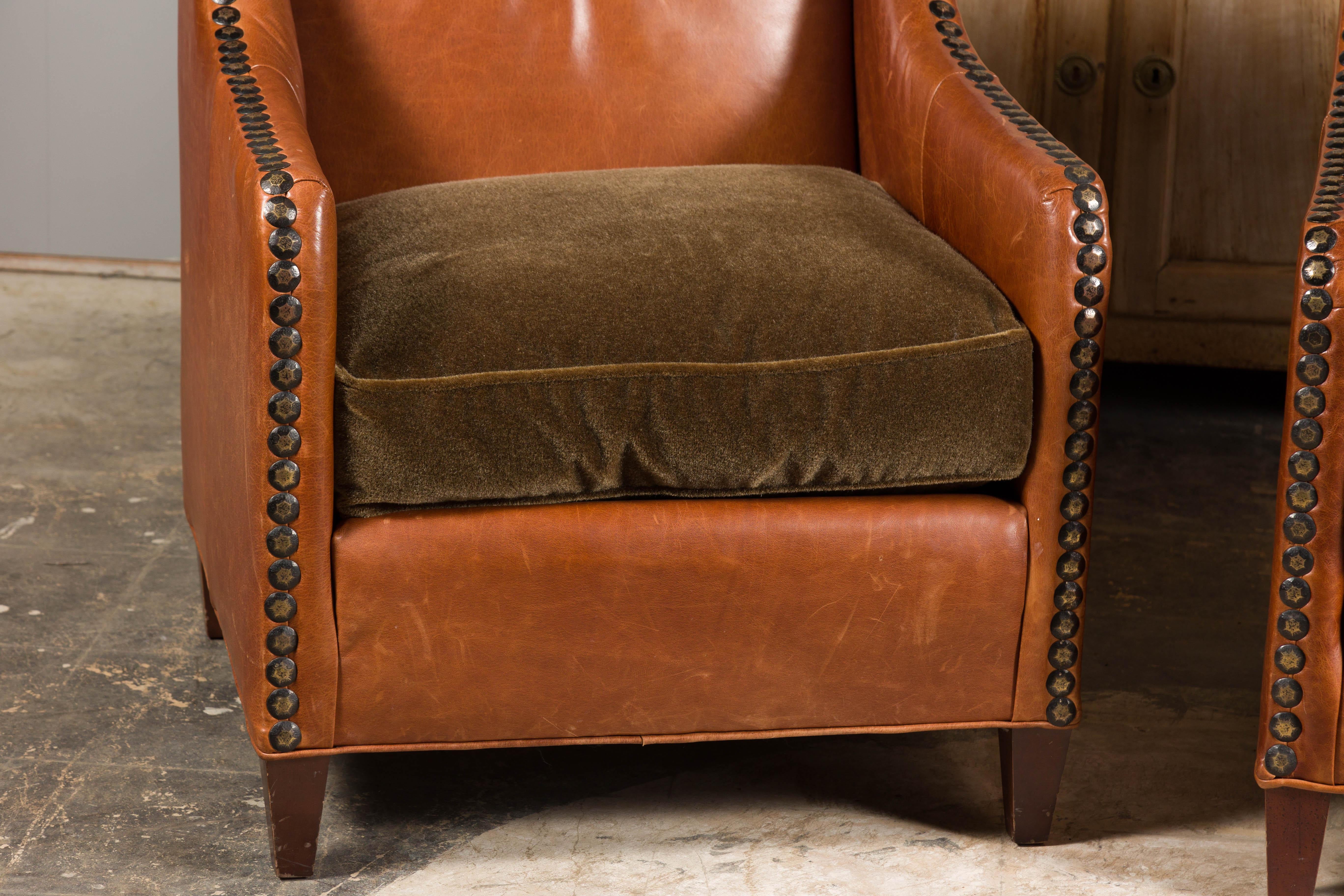 Pair of Midcentury English Leather Club Chairs with Custom Cushion and Nailheads 2