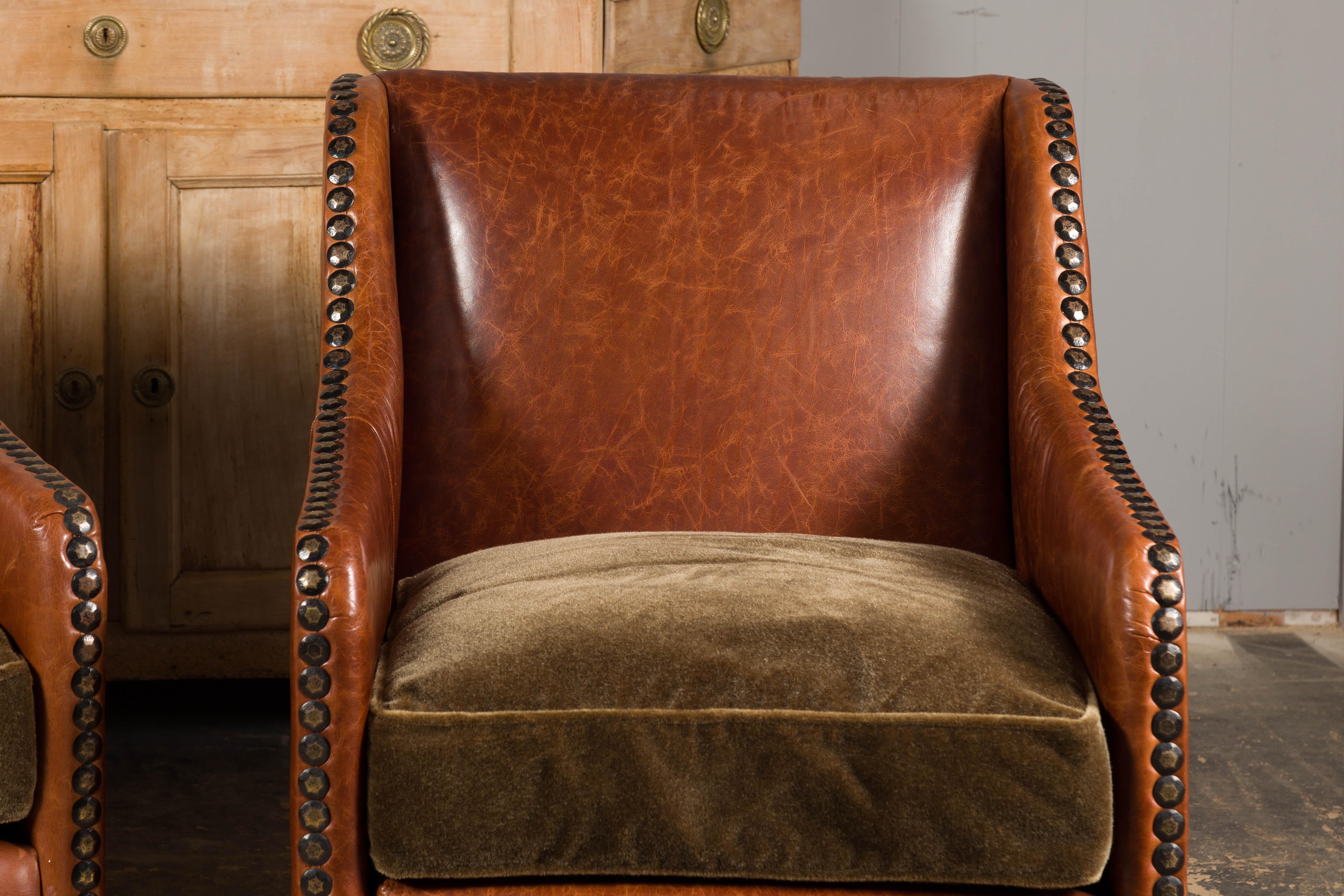 Pair of Midcentury English Leather Club Chairs with Custom Cushion and Nailheads 3