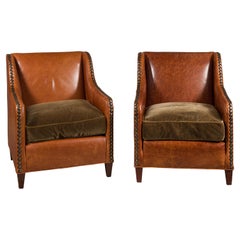 Pair of Midcentury English Leather Club Chairs with Custom Cushion and Nailheads