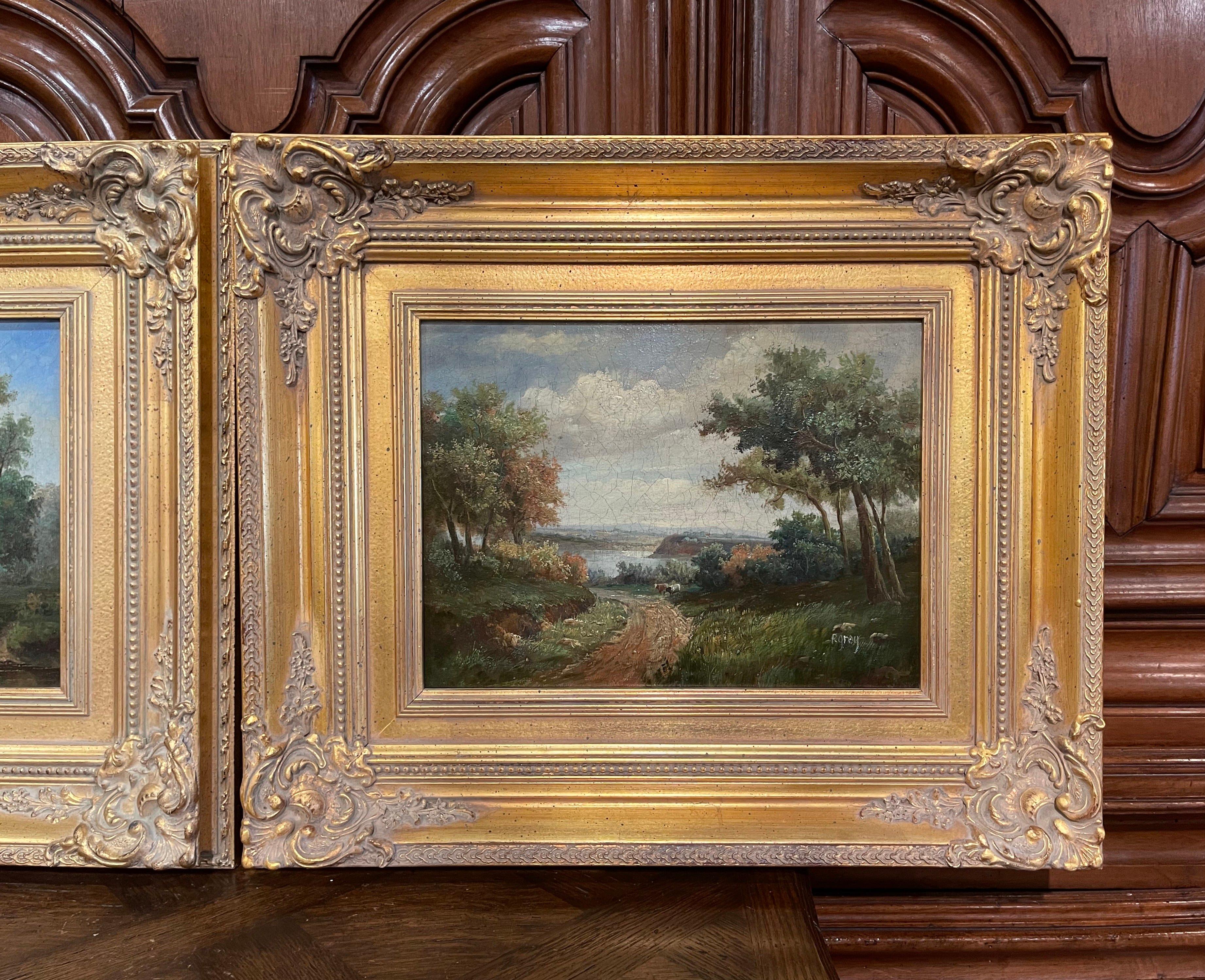 Pair of Midcentury English Pastoral Oil on Canvas Paintings in Gilt Frames In Excellent Condition In Dallas, TX