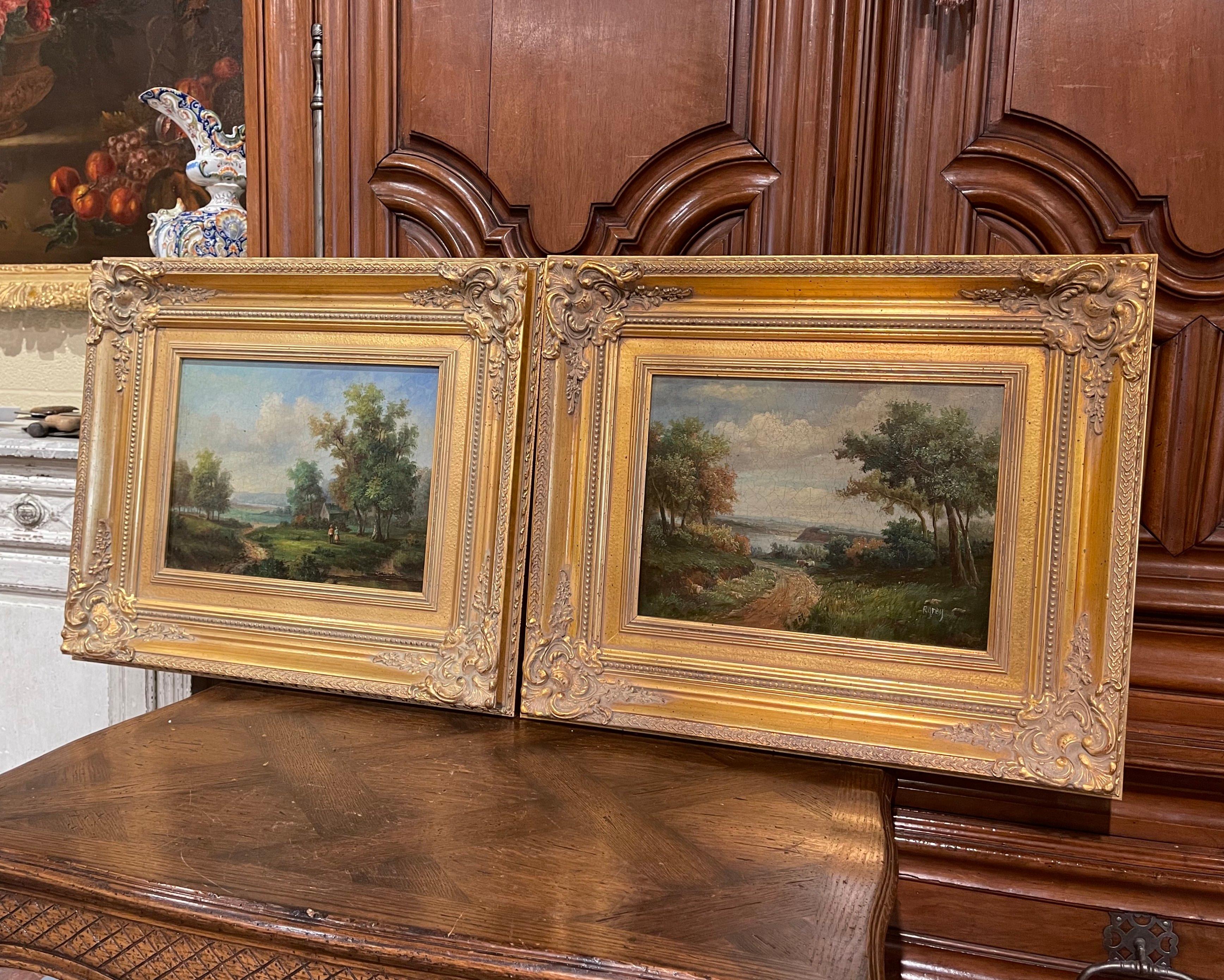Pair of Midcentury English Pastoral Oil on Canvas Paintings in Gilt Frames 4
