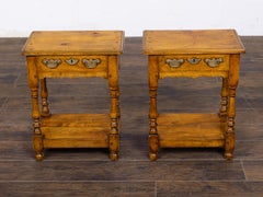 Pair of Midcentury English Pine Side Tables with Drawers and Brass Hardware