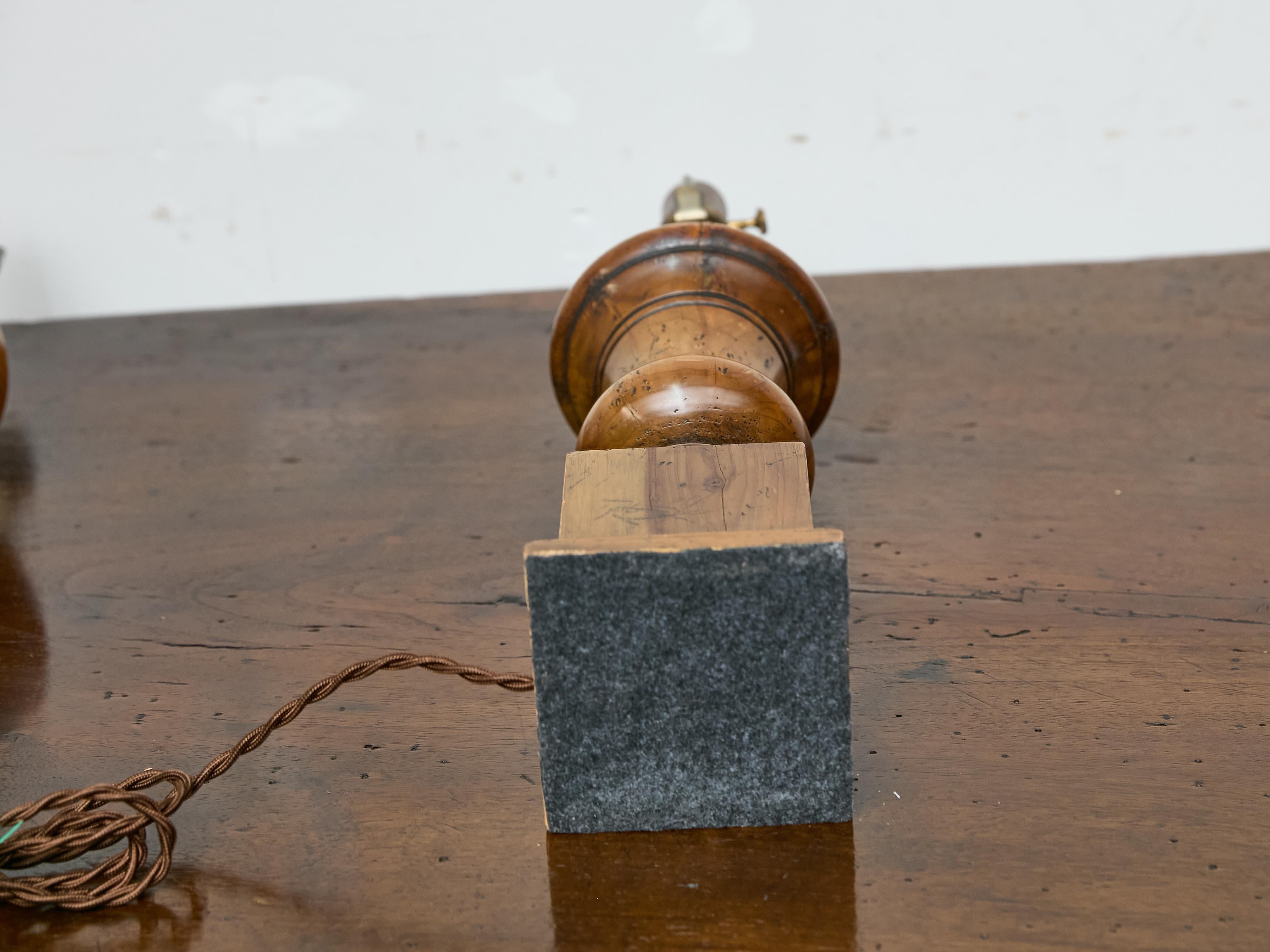 Pair of Midcentury English Turned Pine Table Lamps with Plinth Bases – US Wired For Sale 5