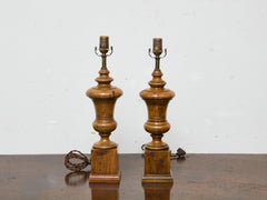 Pair of Midcentury English Turned Pine Table Lamps with Plinth Bases – US Wired