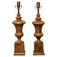 Pair of Midcentury English Turned Pine Table Lamps with Plinth Bases – US Wired