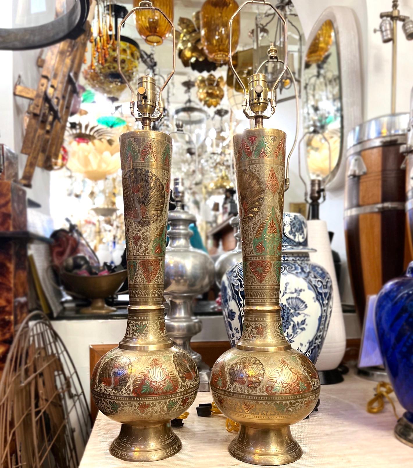 Metal Pair of Midcentury Etched Brass Lamps For Sale