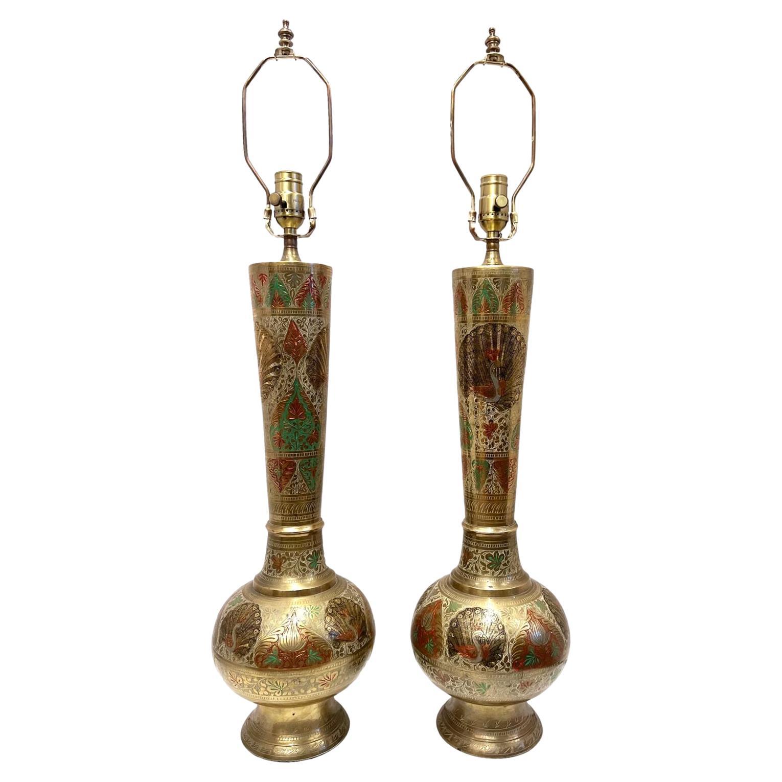 Pair of Midcentury Etched Brass Lamps For Sale