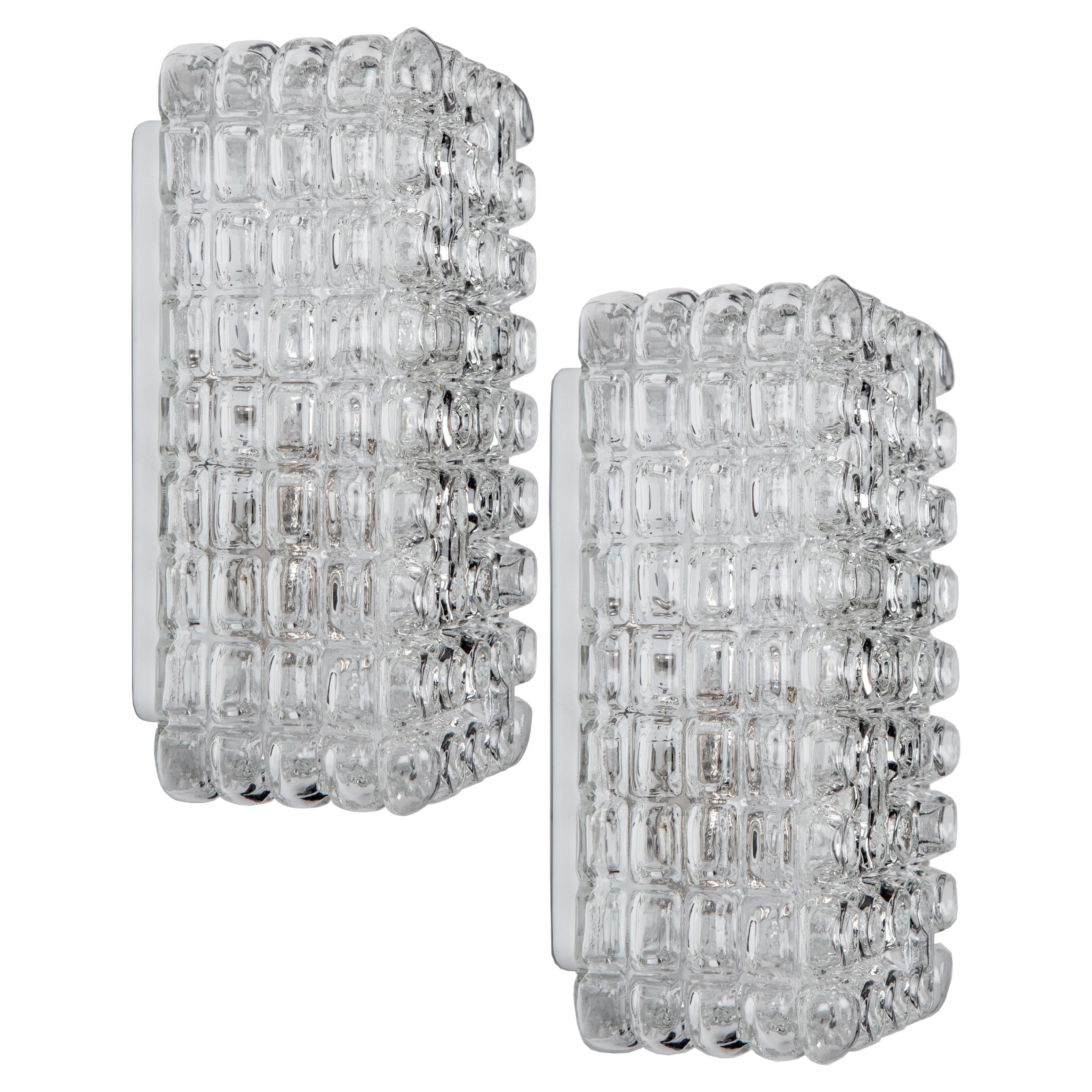 Pair of Midcentury European Clear Rectangular Bubble Glass Sconces, Circa 1970s For Sale