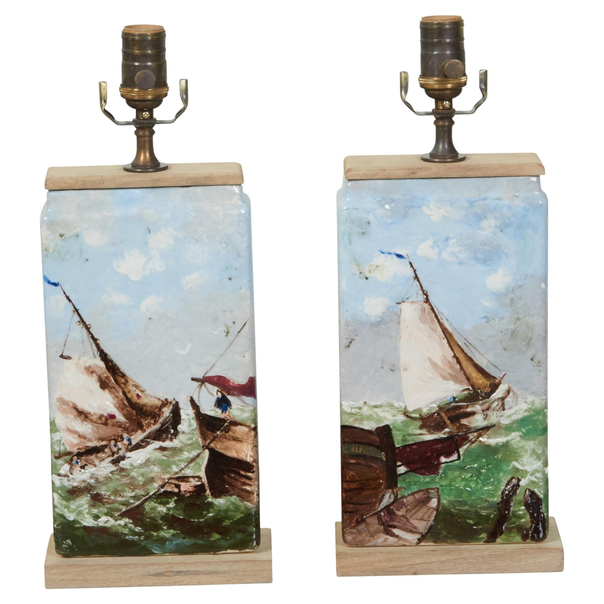 Pair of Mid-Century Faience Table Lamps with Hand-Painted Naval Décor