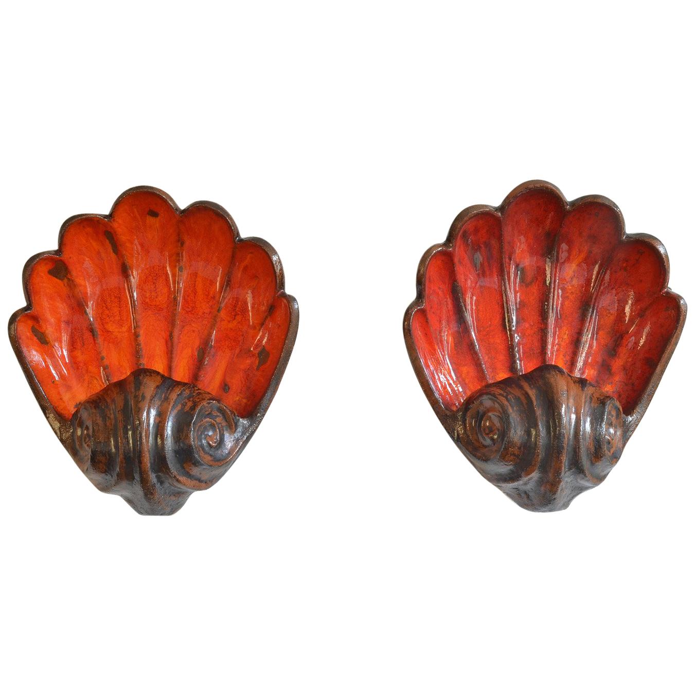 Pair of Midcentury Fat Lava Shell Sconces Wall Light Orange Red, Germany, 1960s