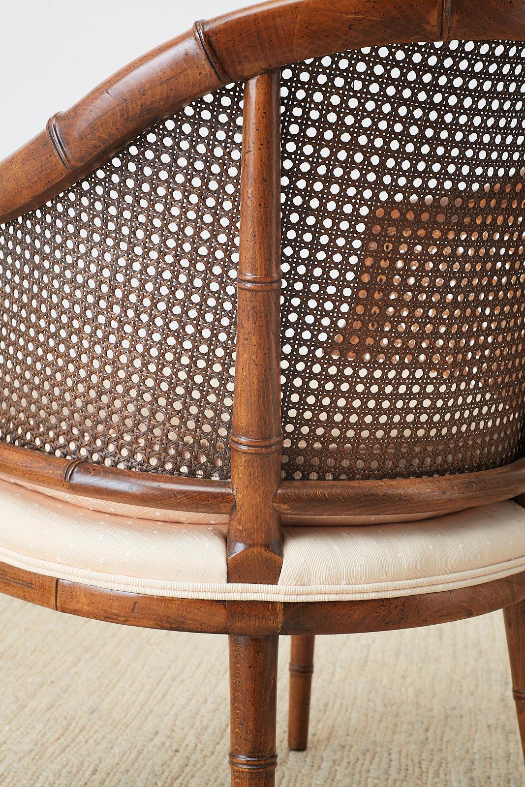 Wood Pair of Midcentury Faux-Bamboo Caned Barrel Chairs