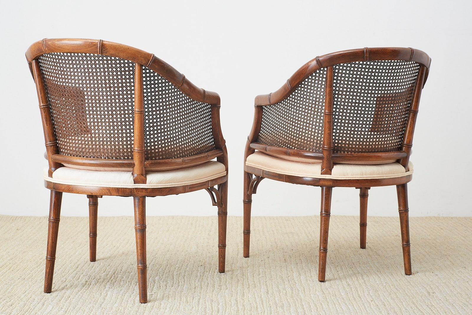 Pair of Midcentury Faux-Bamboo Caned Barrel Chairs 7