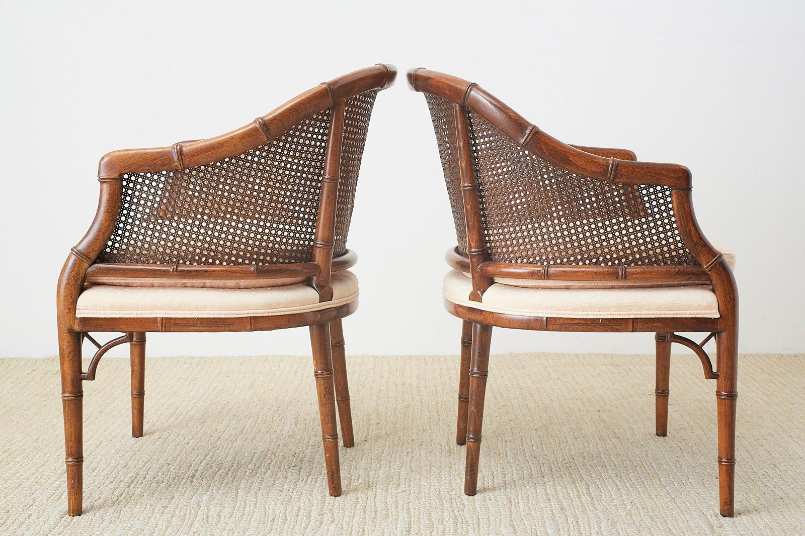 American Pair of Midcentury Faux-Bamboo Caned Barrel Chairs