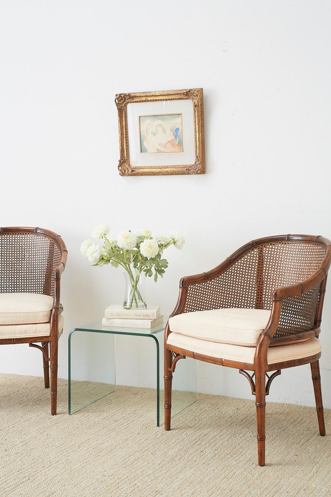 Hand-Crafted Pair of Midcentury Faux-Bamboo Caned Barrel Chairs