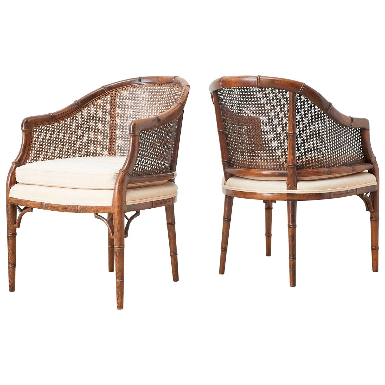 Pair of Midcentury Faux-Bamboo Caned Barrel Chairs