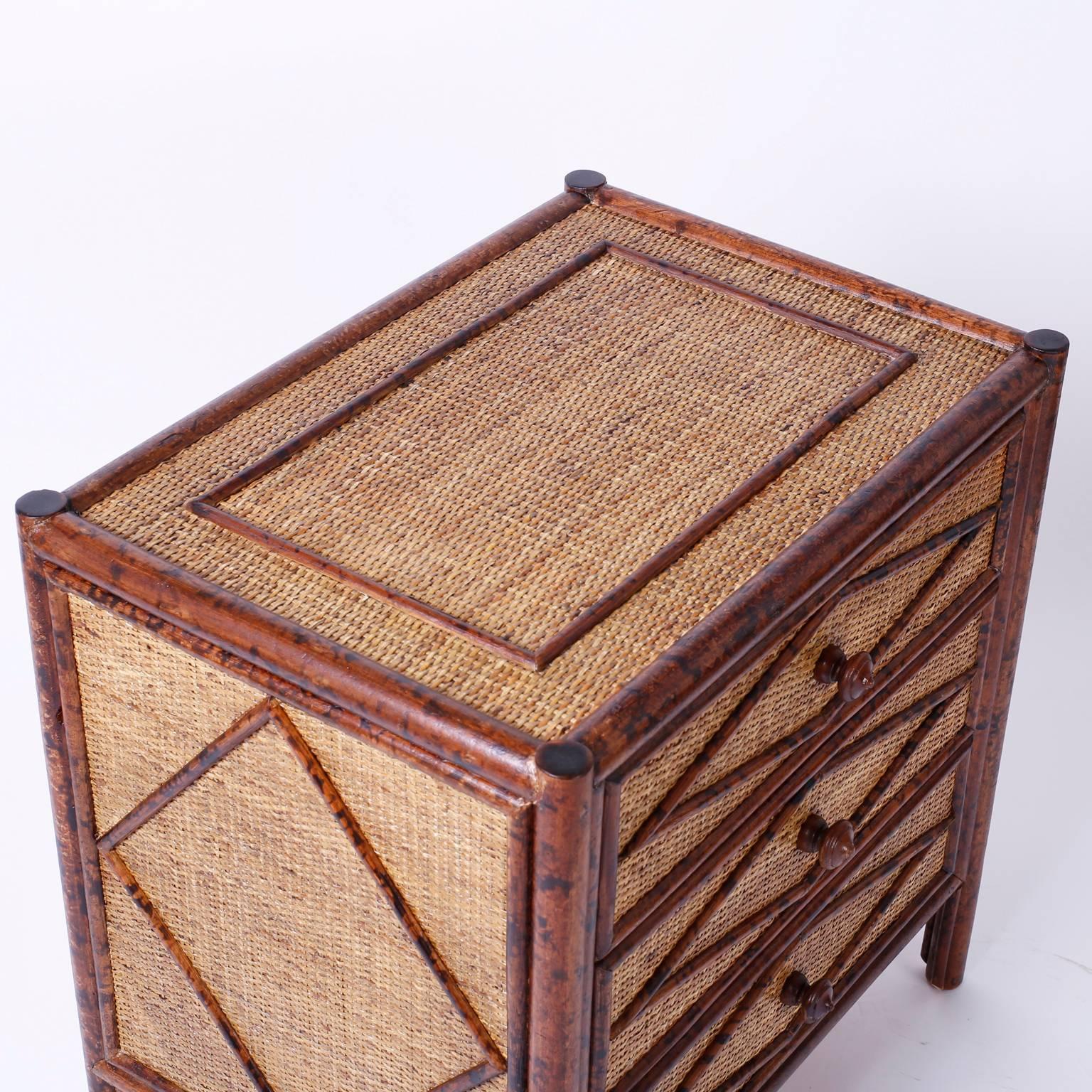 Woven Pair of Midcentury Faux Bamboo Nightstands or Chests