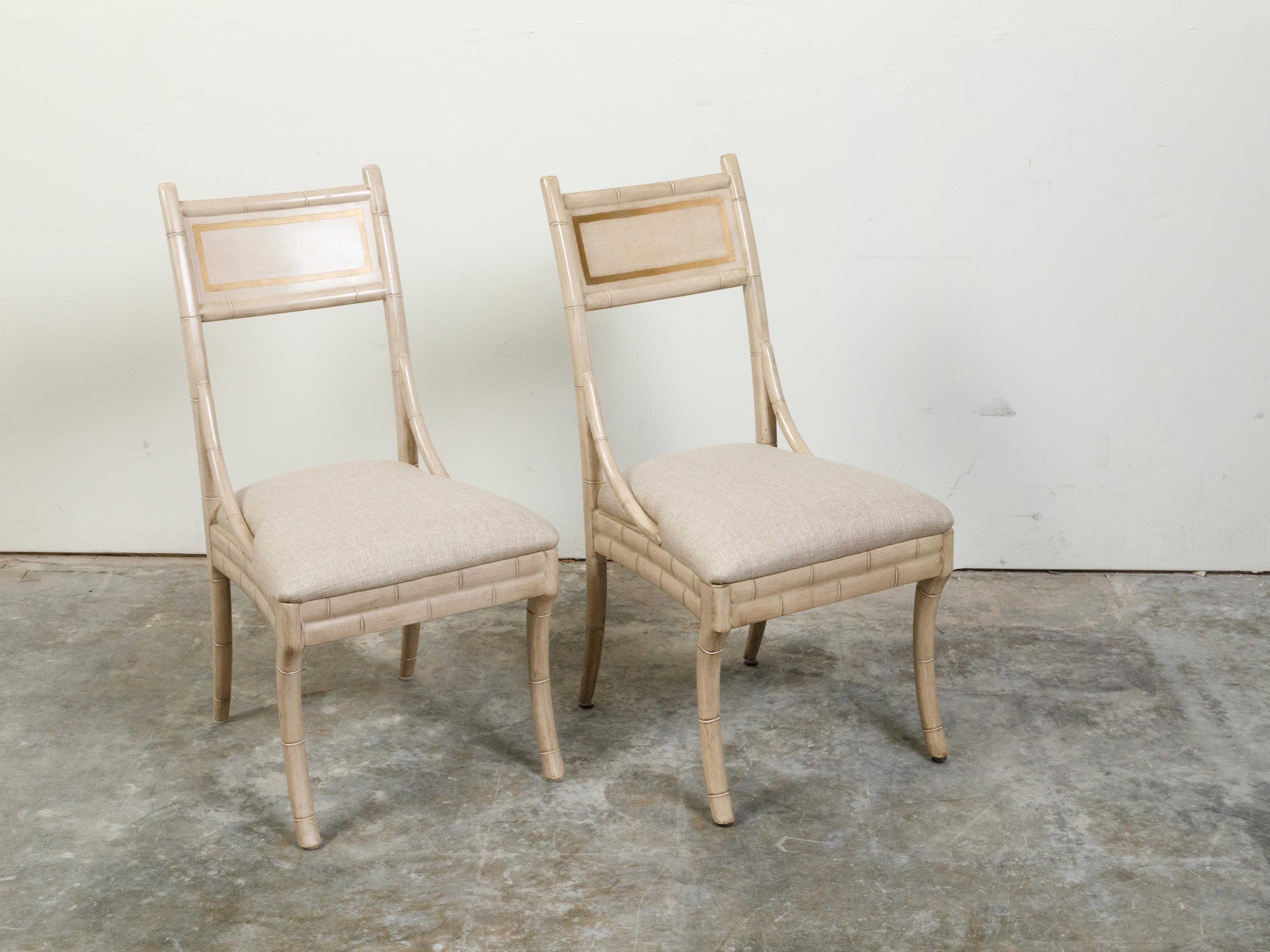 Mid-Century Modern Pair of Midcentury Faux Bamboo Side Chairs with Saber Legs and New Upholstery For Sale