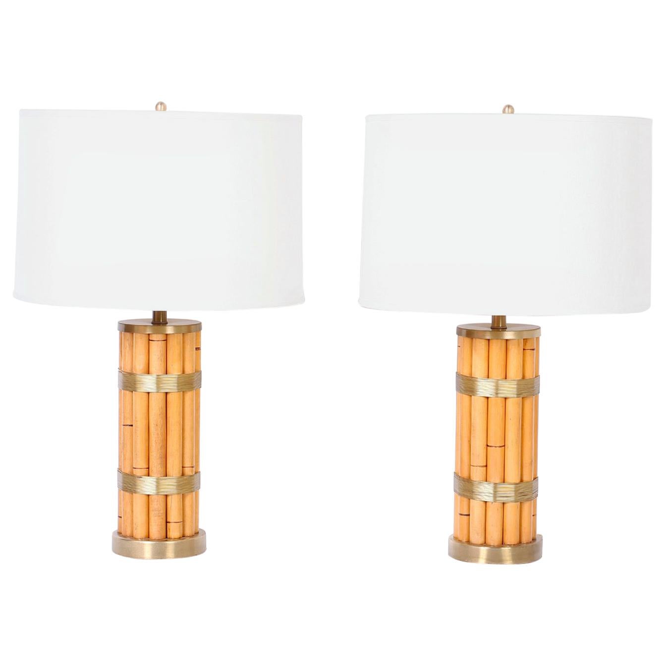 Pair of Midcentury Faux Bamboo Table Lamps For Sale