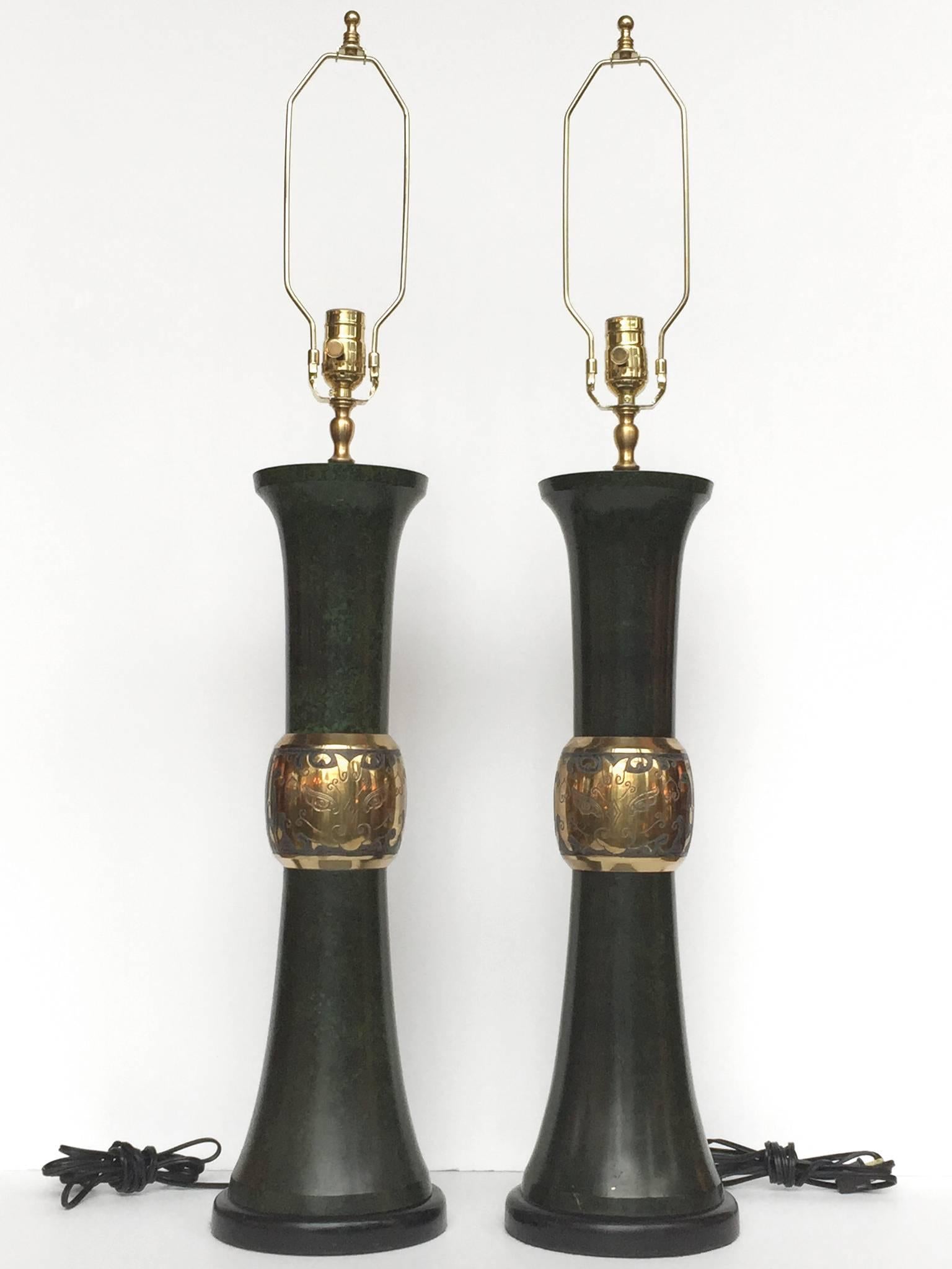 Hollywood Regency Pair of Midcentury Faux Malachite Lamps in the Style of James Mont