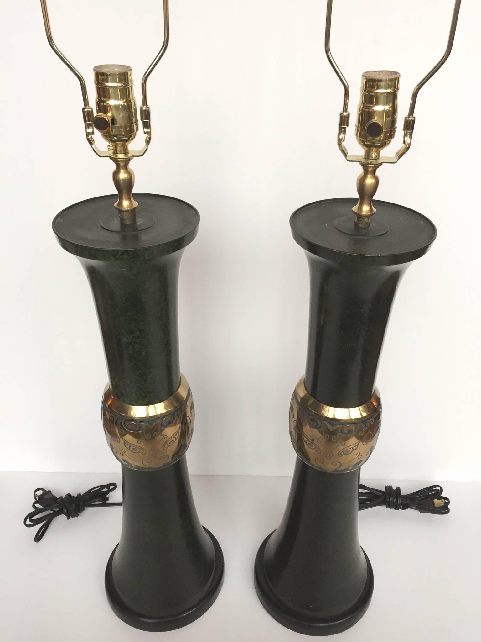 American Pair of Midcentury Faux Malachite Lamps in the Style of James Mont
