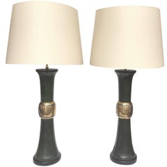 Pair of Midcentury Faux Malachite Lamps in the Style of James Mont