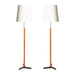 Pair of Midcentury Floor Lamps in Oak and Brass by Holm Sorensen, Denmark, 1950s