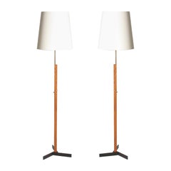 Pair of Midcentury Floor Lamps in Oak and Brass by Holm Sorensen, Denmark, 1950s