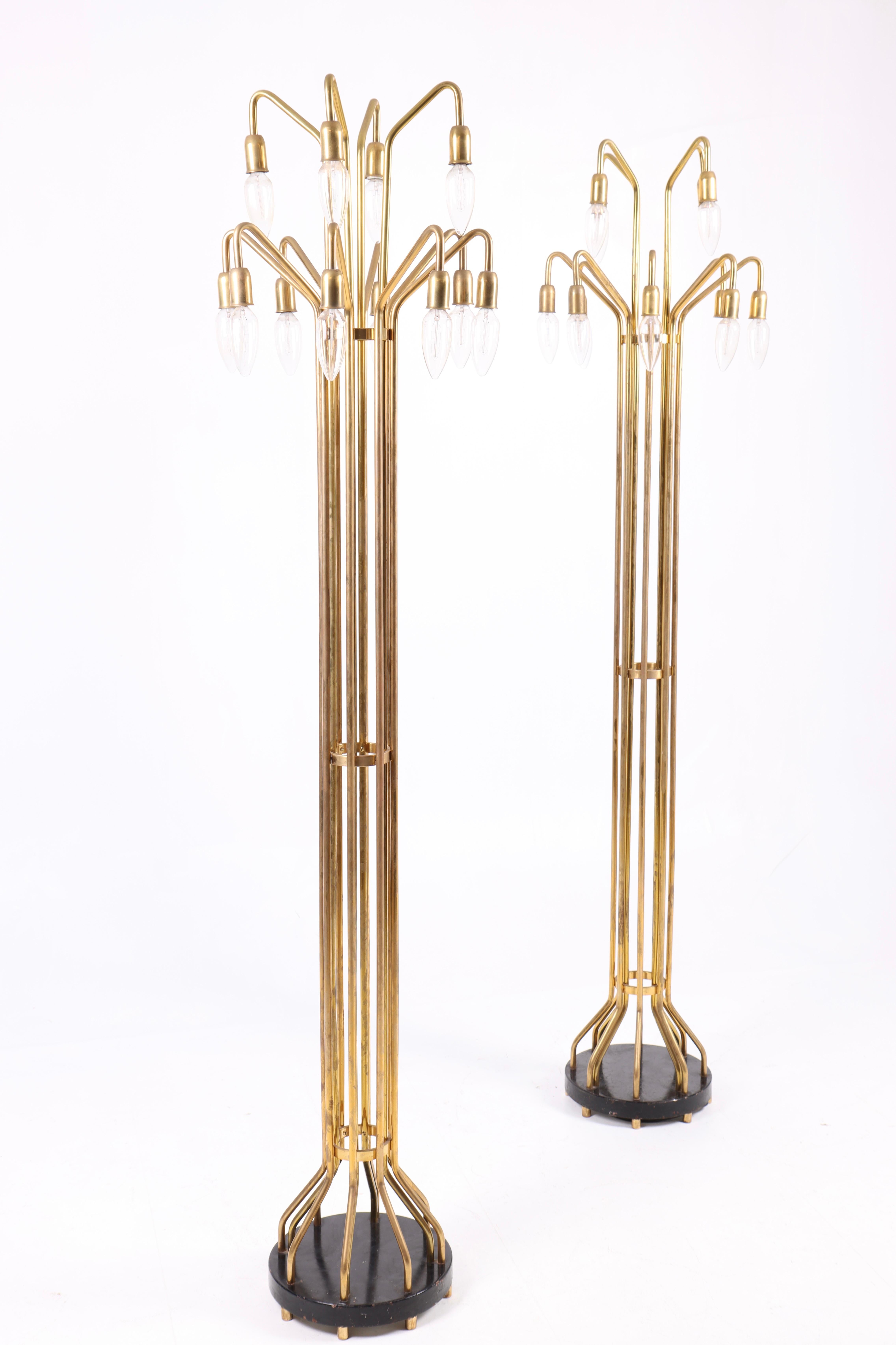 Danish Pair of Midcentury Floor Lamps in Patinated Brass, Made in Denmark, 1950s For Sale
