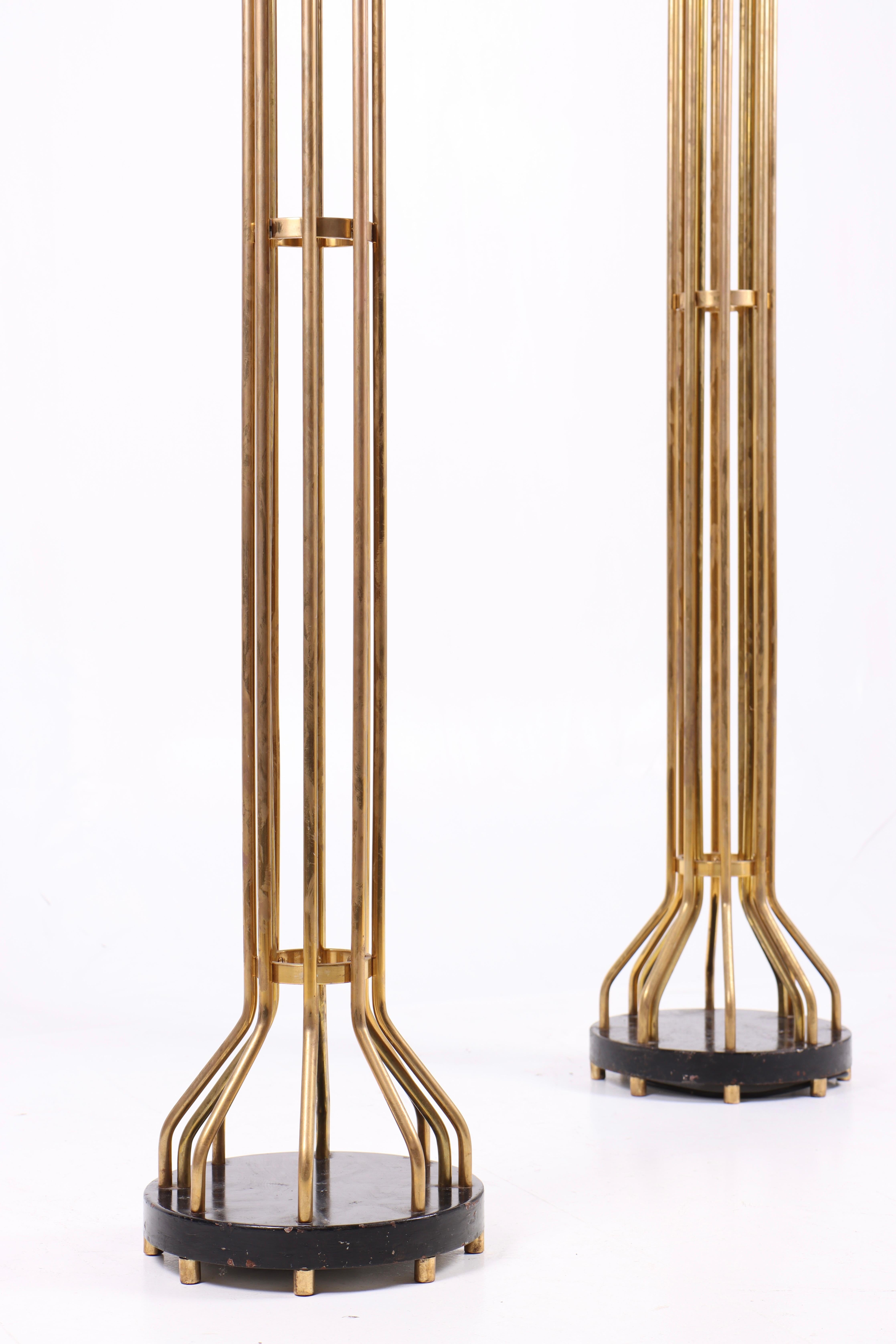 Mid-20th Century Pair of Midcentury Floor Lamps in Patinated Brass, Made in Denmark, 1950s For Sale