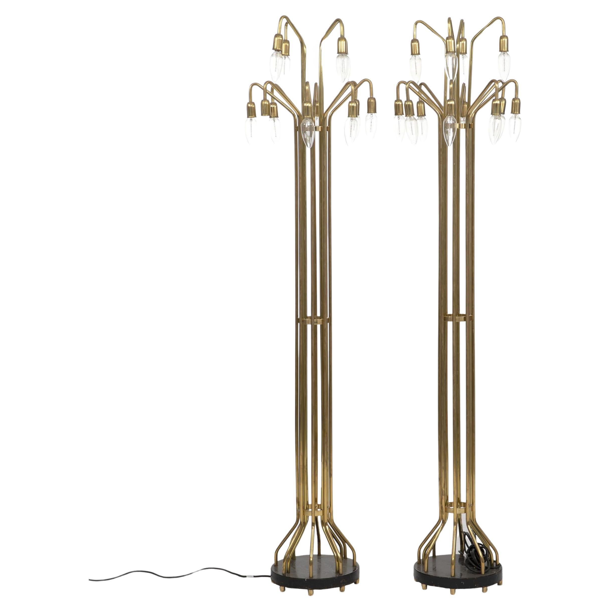 Pair of Midcentury Floor Lamps in Patinated Brass, Made in Denmark, 1950s For Sale