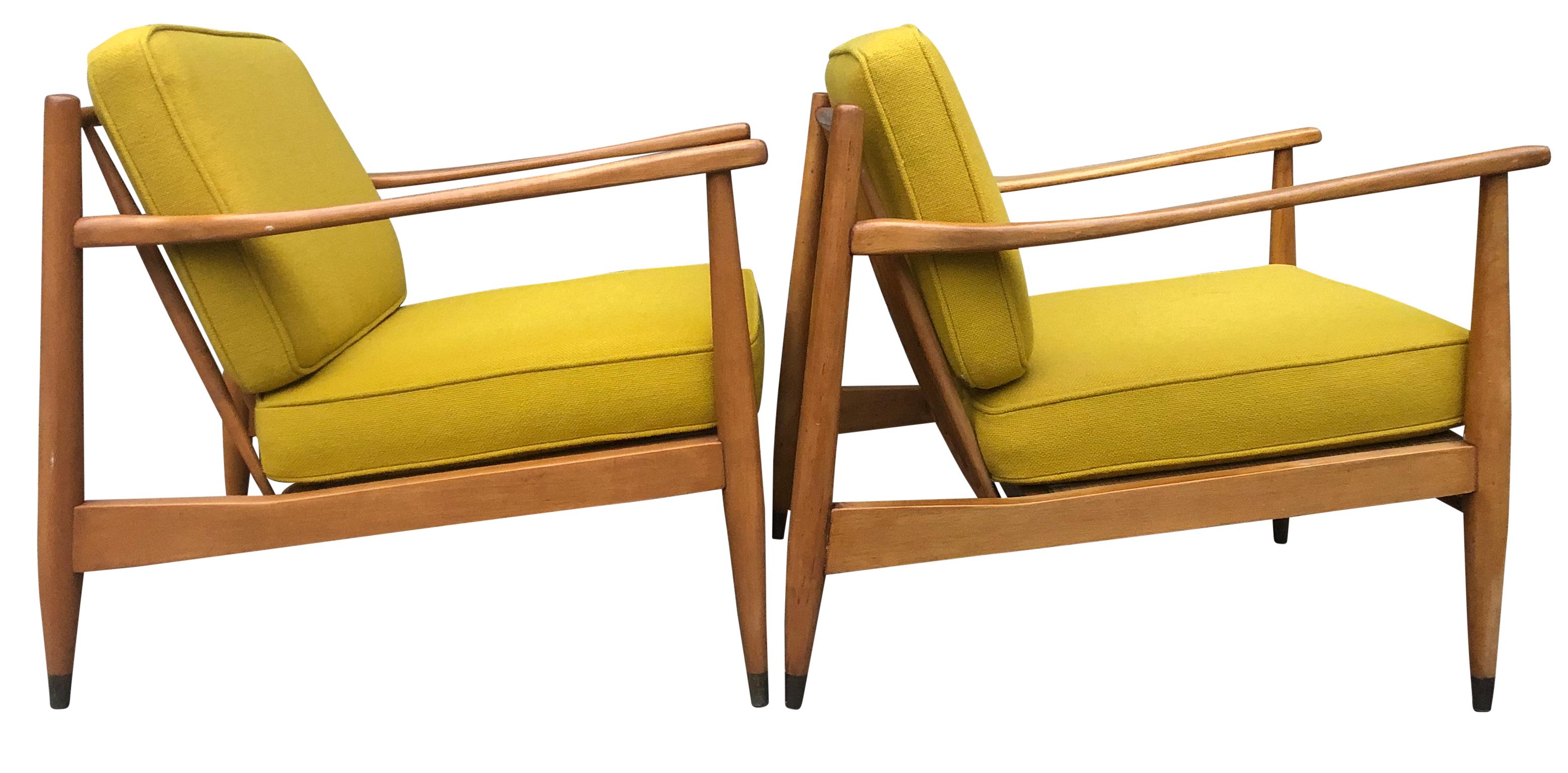 Pair of original midcentury Folke Ohlsson for DUX. All blonde low lounge chairs. Arms have unique curve - great lines. Solid Maple frames with spindle back and all Original rich gold/yellow thick woven upholstery. Original vintage condition with