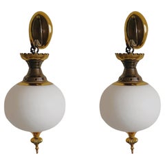 Antique Pair of Fontana Arte Satin Glass Brass Wall Lanterns Sconces, Italy 1950s