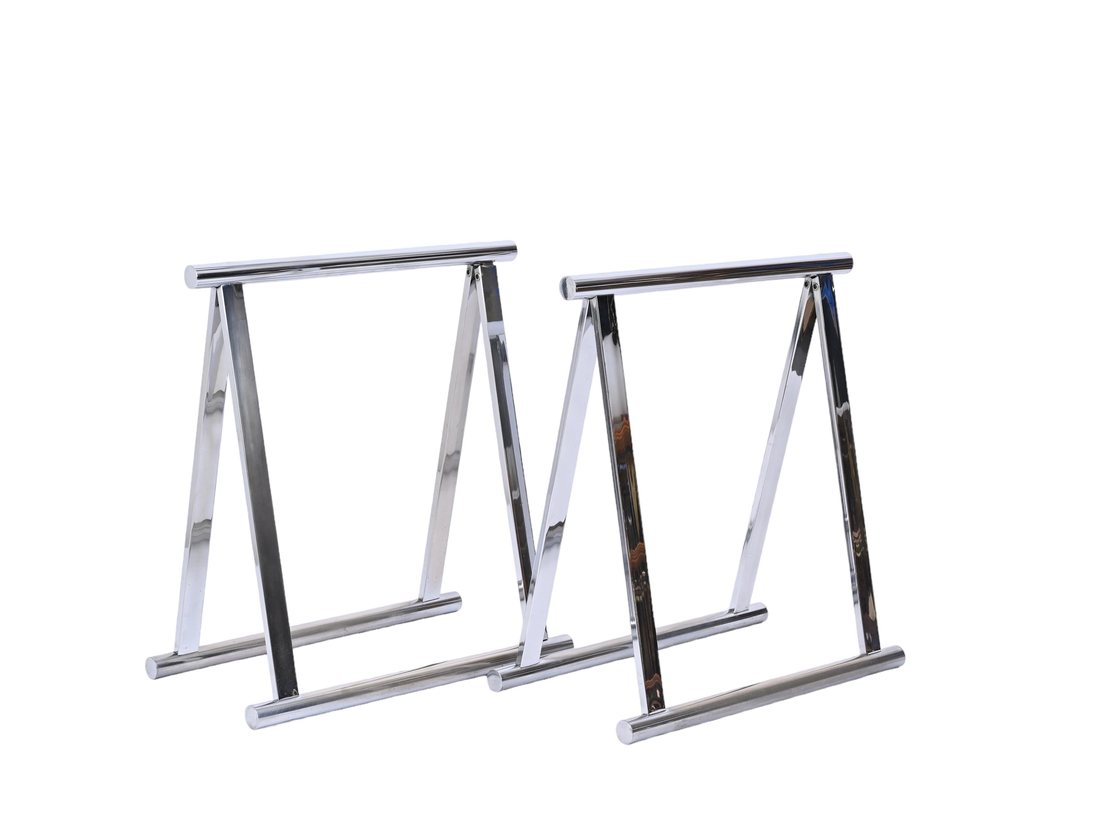 Pair of Midcentury Four-Legs Chromed Steel Italian Trestles After Baughman 1970s For Sale 9