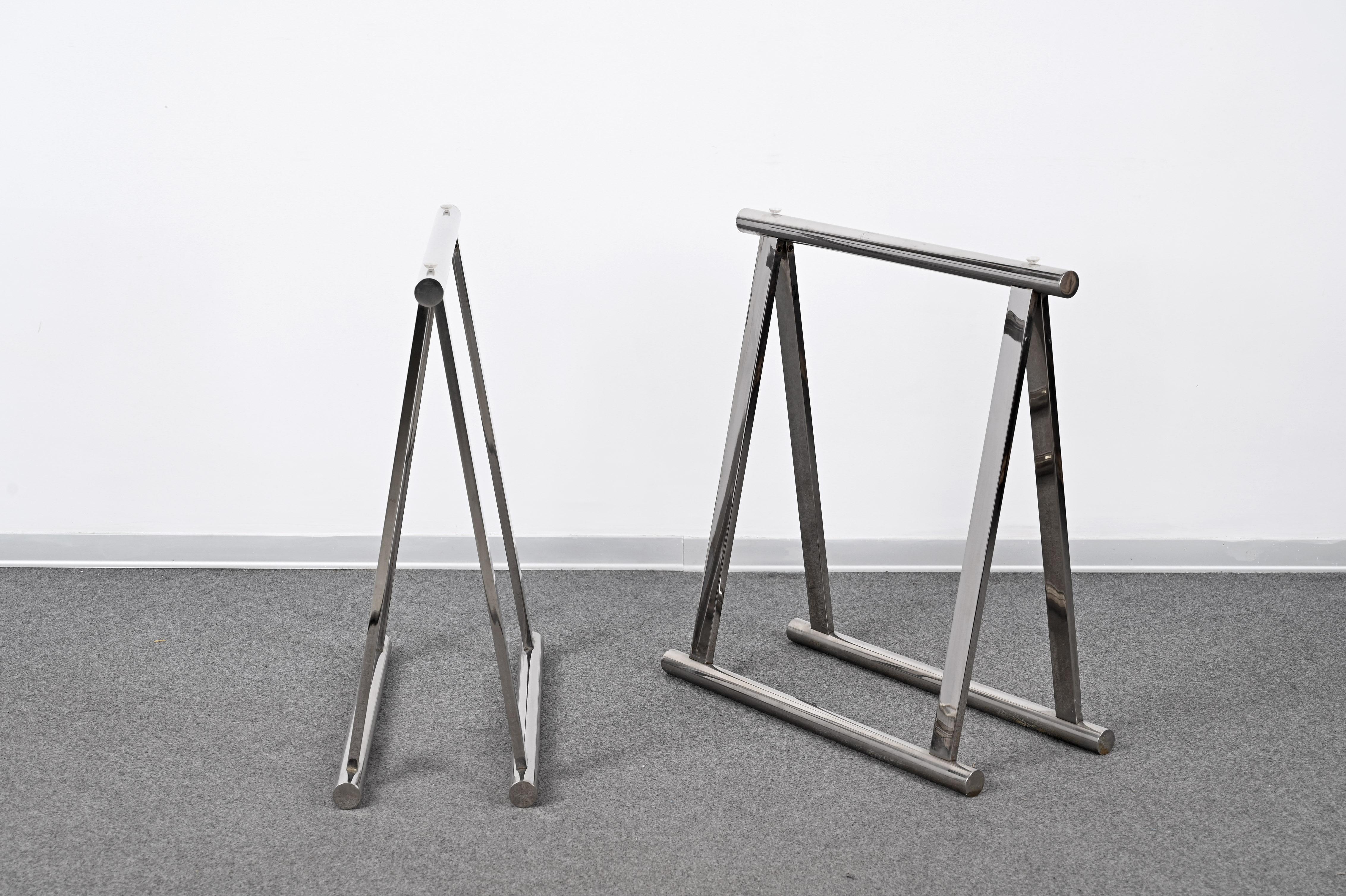 Pair of Midcentury Four-Legs Chromed Steel Italian Trestles After Baughman 1970s In Good Condition For Sale In Roma, IT
