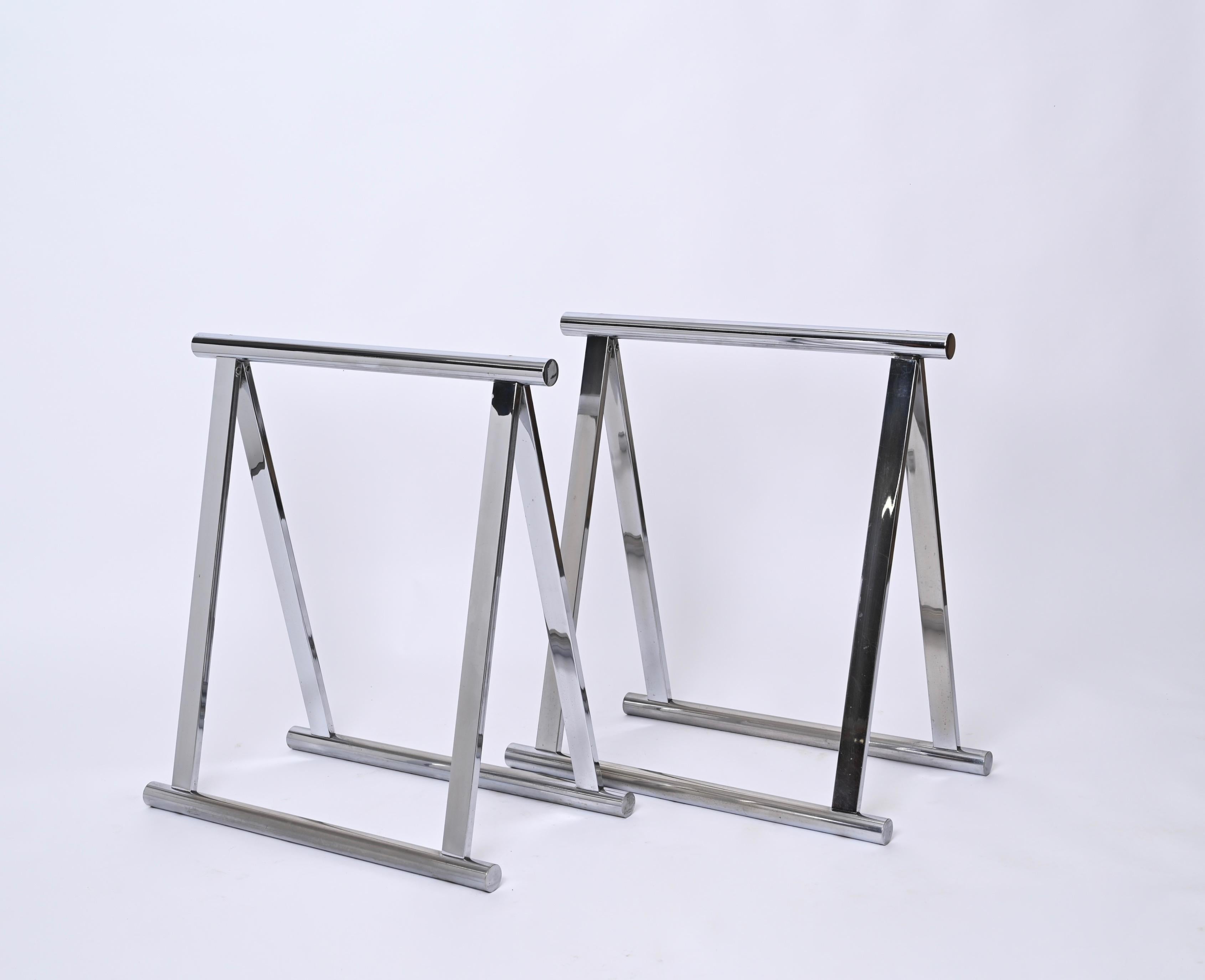 Pair of Midcentury Four-Legs Chromed Steel Italian Trestles After Baughman 1970s For Sale 1