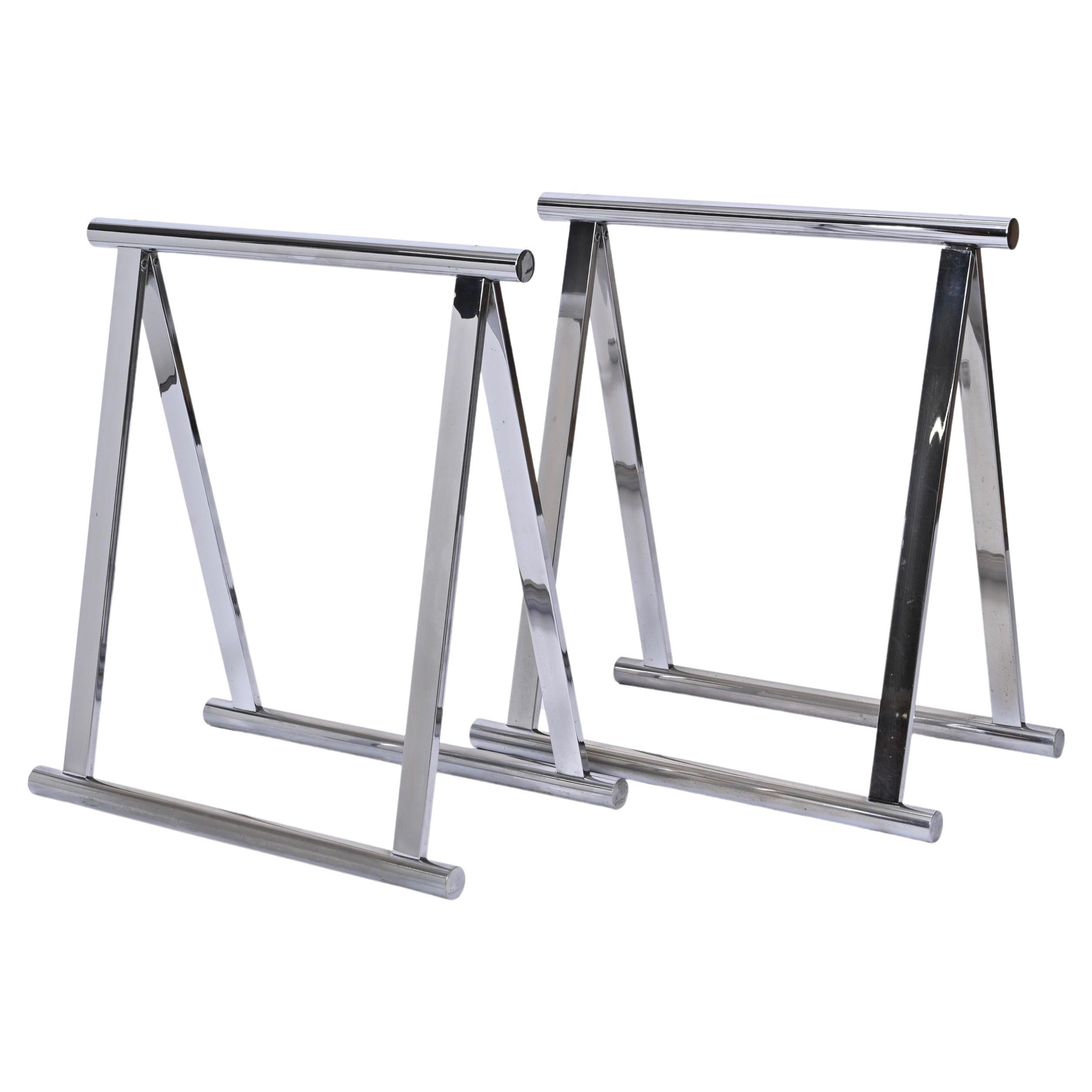 Pair of Midcentury Four-Legs Chromed Steel Italian Trestles After Baughman 1970s For Sale