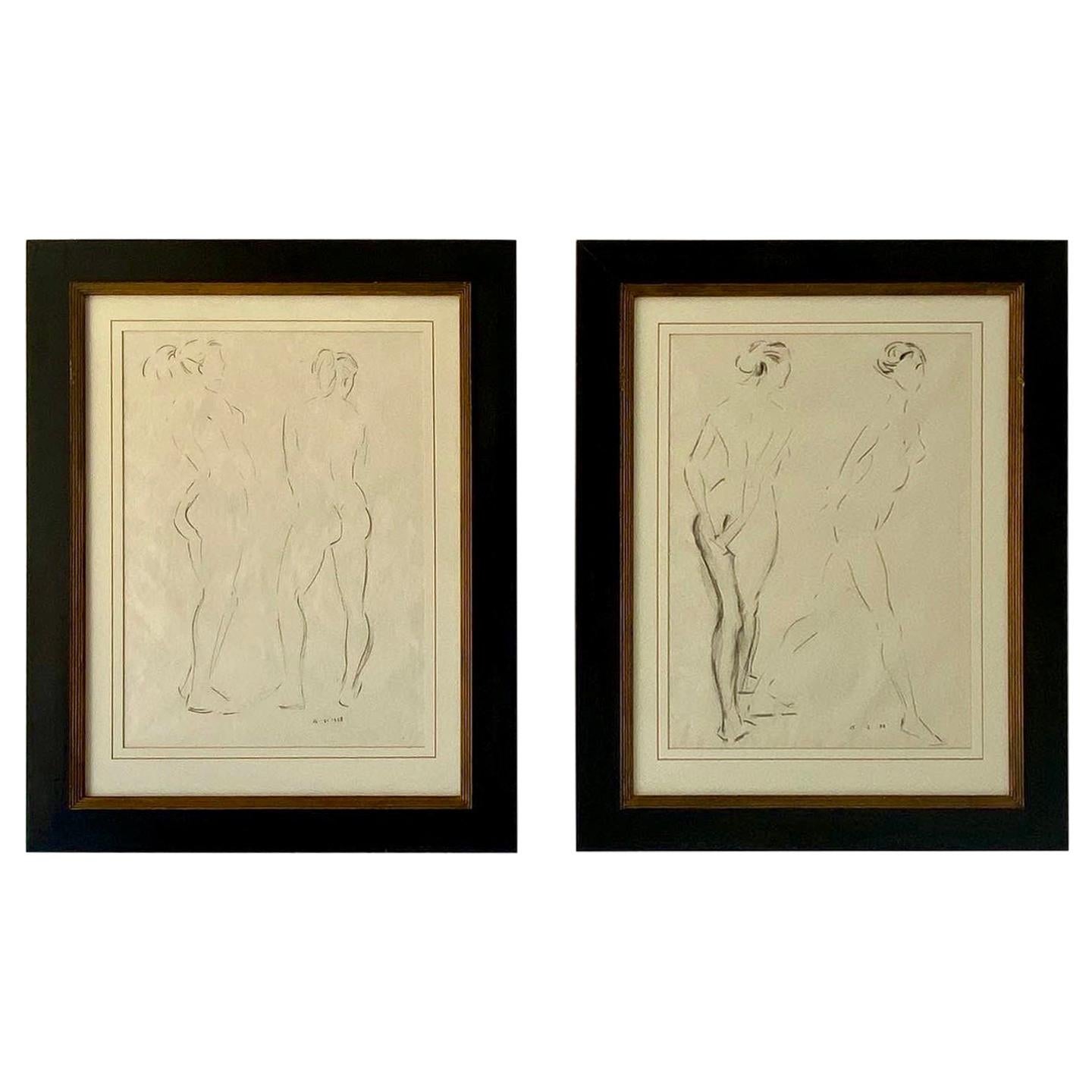 Pair of Midcentury Framed Nude Study Drawings For Sale