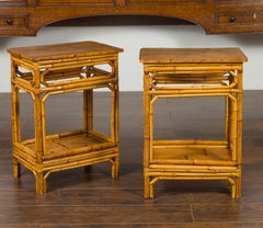 Pair of Midcentury French Bamboo End Tables with Pierced Aprons and Low Shelves