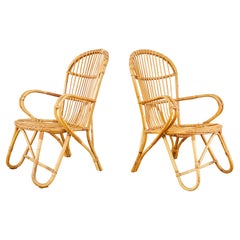 Pair of Midcentury French Bamboo Rattan Lounge Chairs
