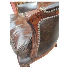 Pair of Midcentury French Bergeres in Brown Leather & Walnut 1965