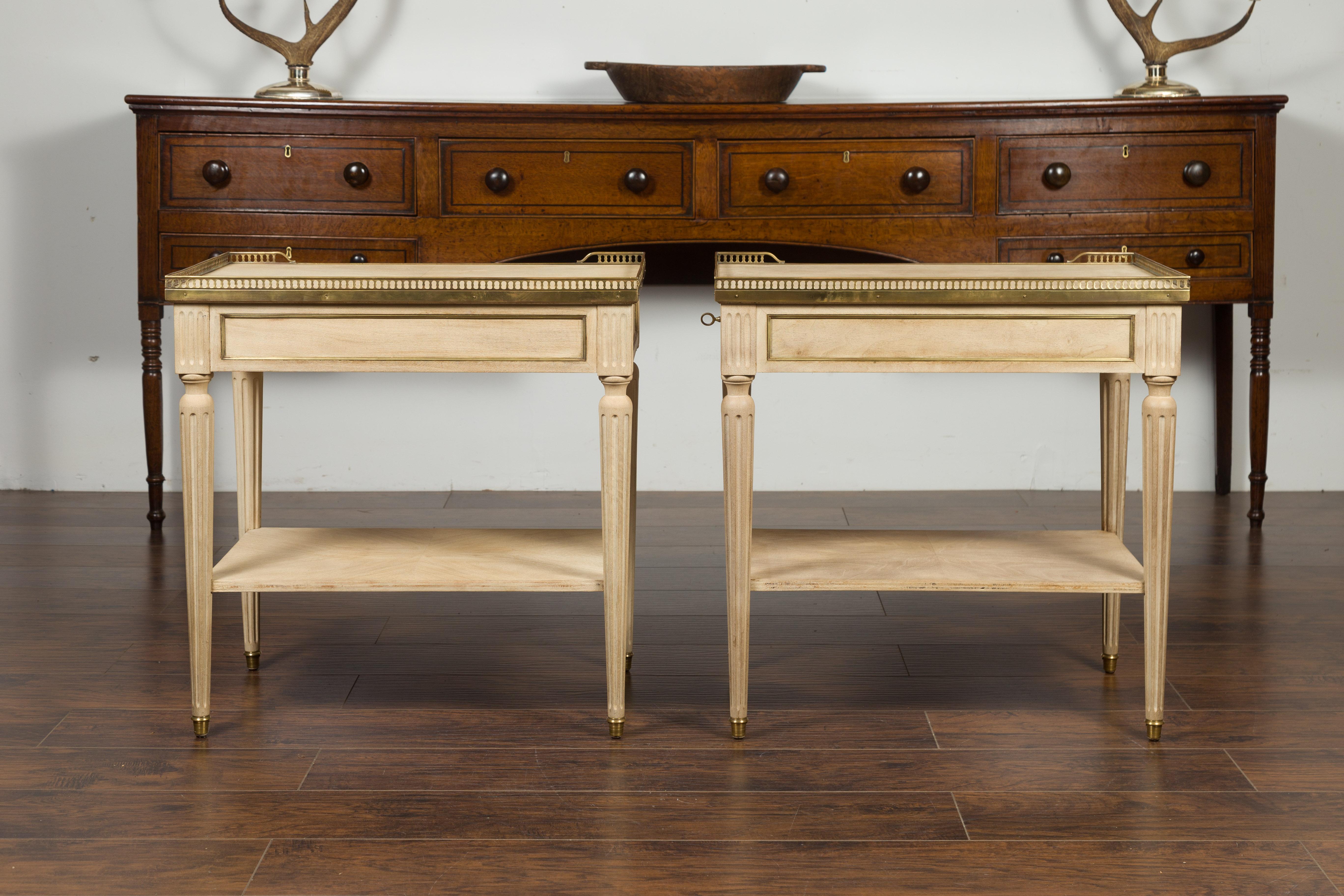Pair of Midcentury French Bleached Walnut End Tables with Drawers and Gallery 9