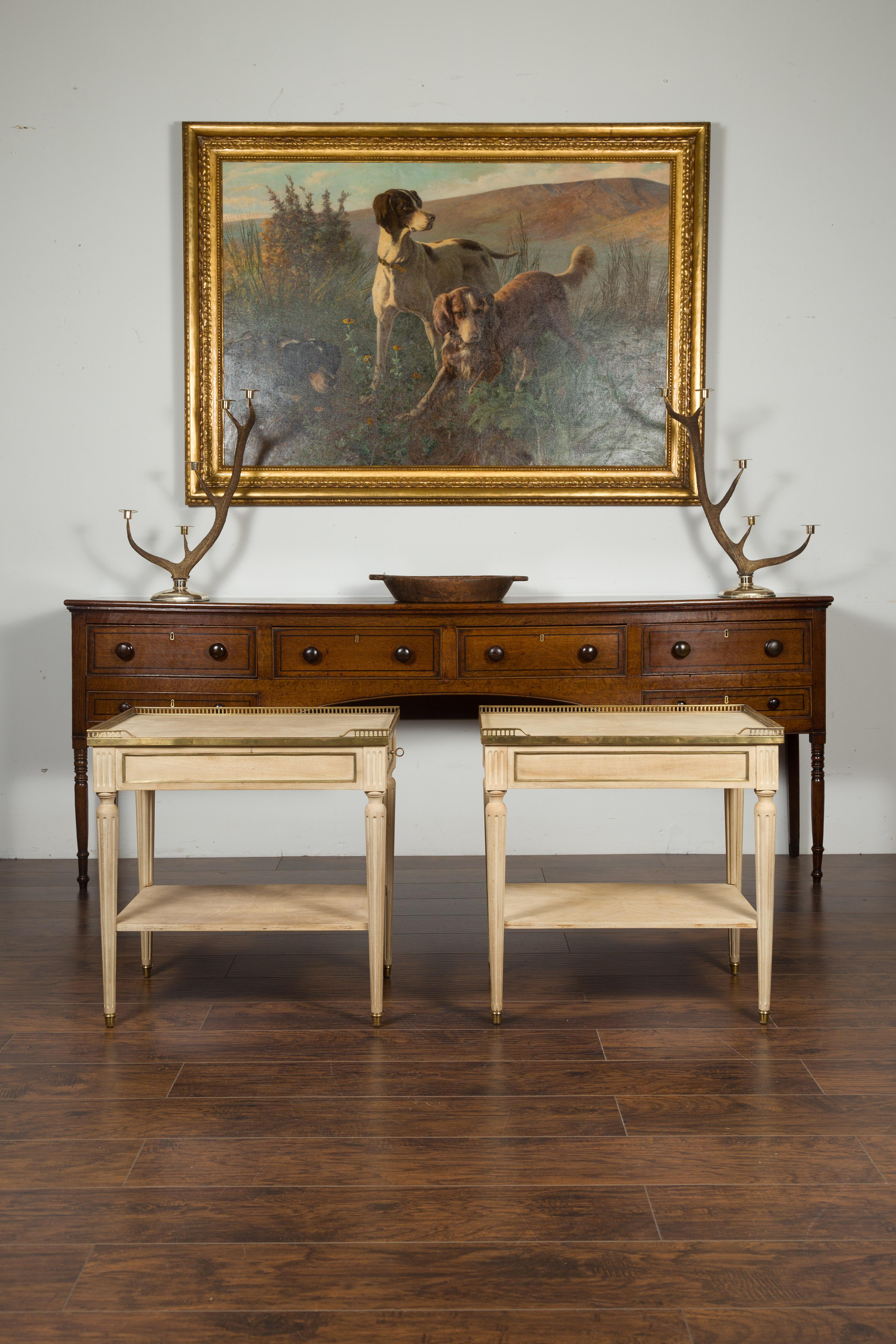 Pair of Midcentury French Bleached Walnut End Tables with Drawers and Gallery In Good Condition In Atlanta, GA