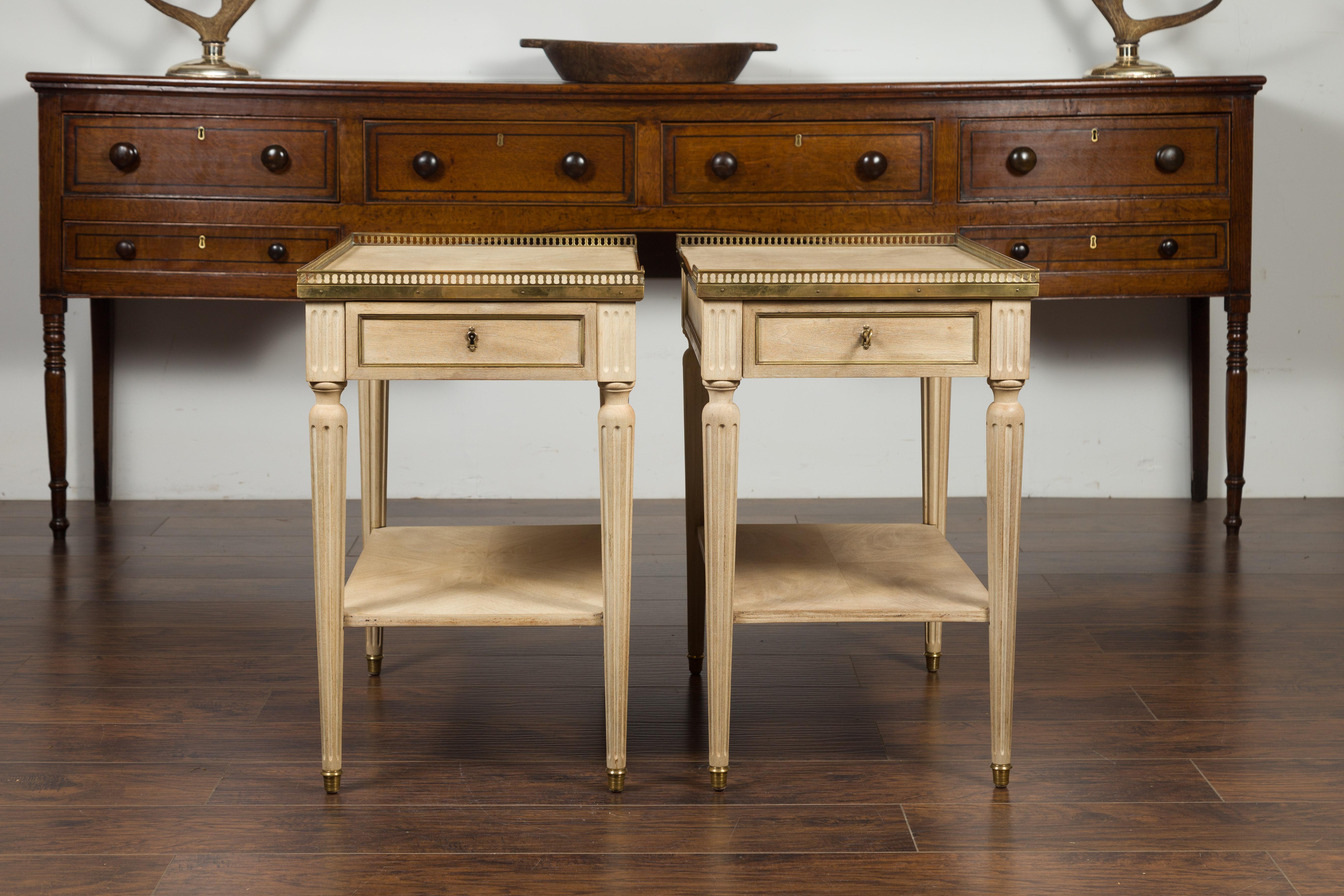 20th Century Pair of Midcentury French Bleached Walnut End Tables with Drawers and Gallery