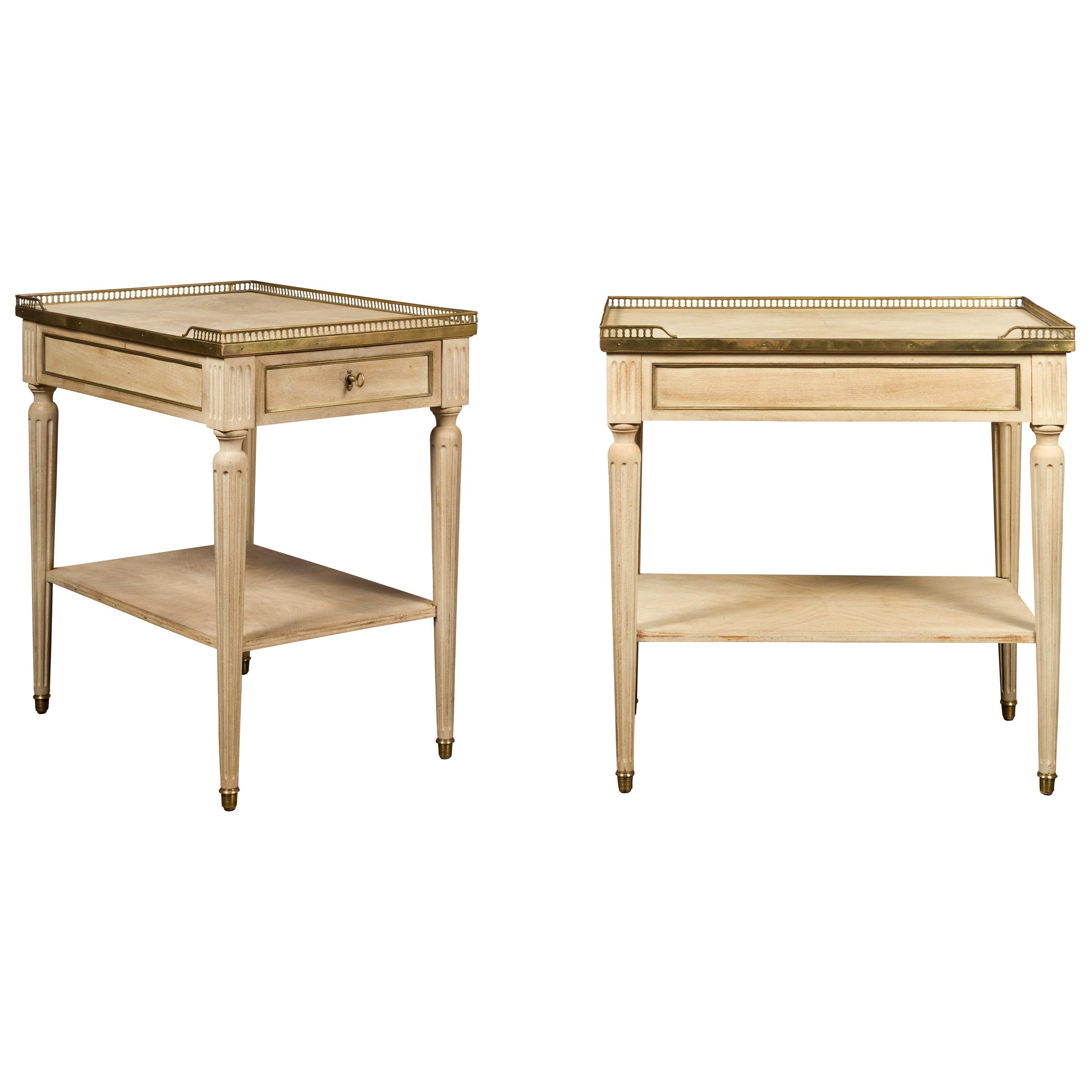 Pair of Midcentury French Bleached Walnut End Tables with Drawers and Gallery