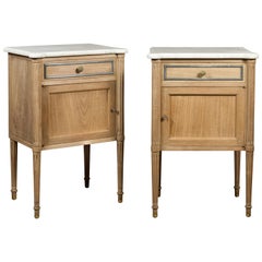 Vintage Pair of Midcentury French Bleached Walnut End Tables with White Marble Tops