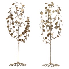 Pair of Mid-Century French Brass Tree Sculptures with Coin Leaves and Roots