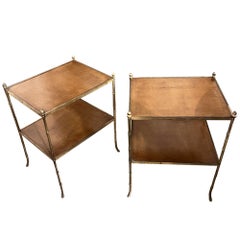 Pair of Midcentury French Brass with Leather Topped Side Tables