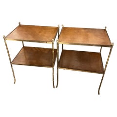 Pair of Midcentury French Brass with Leather Topped Side Tables